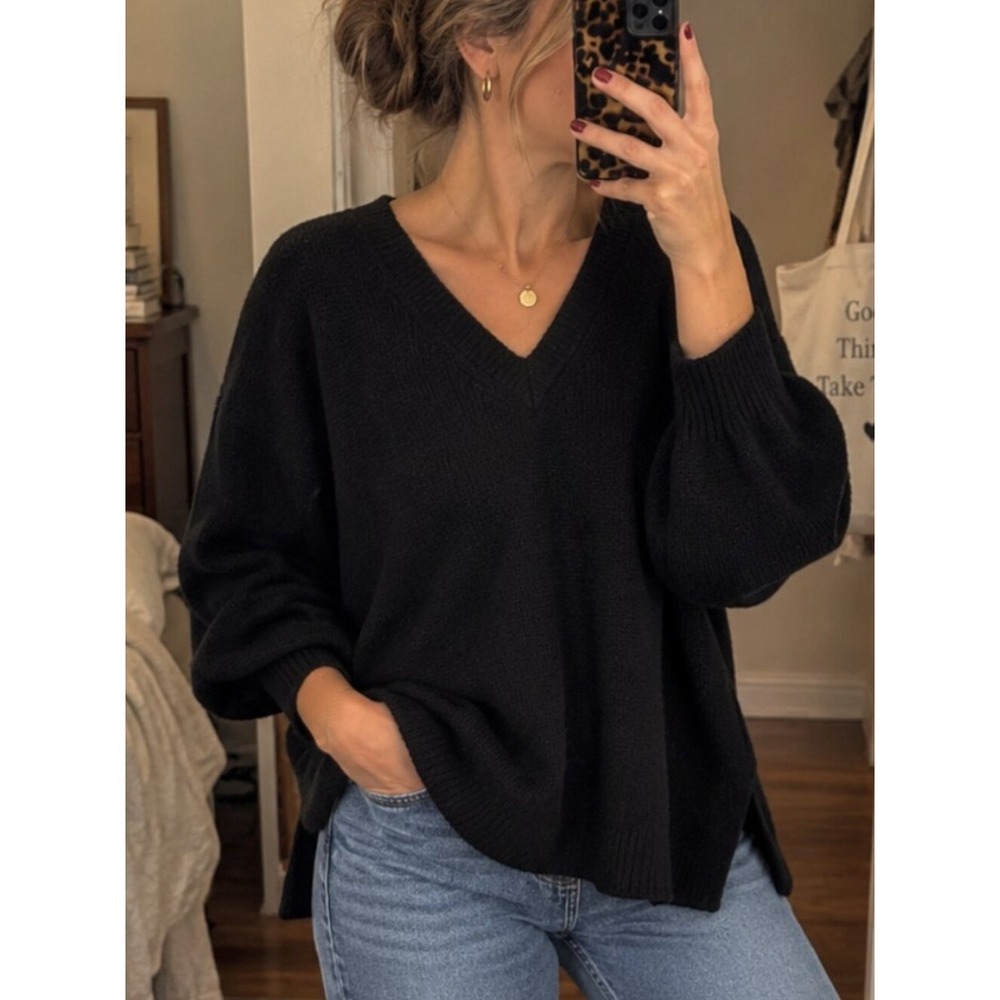 Cuddl Duds Sweater XL‎ Black Brushed Corded Knit V Neck Relaxed Pullover